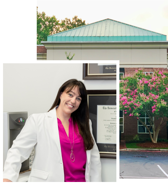 Picture of Dr. Elizabeth Smith in front of a picture of her office